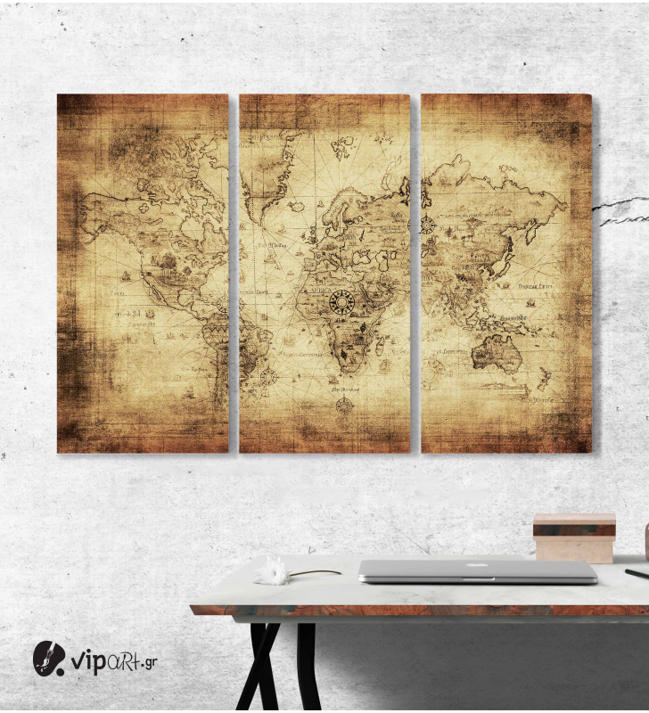 Μοντέρνος Τρίπτυχος Πίνακας Καμβάς αρχαίος χάρτης του κόσμου - ancient map of the world