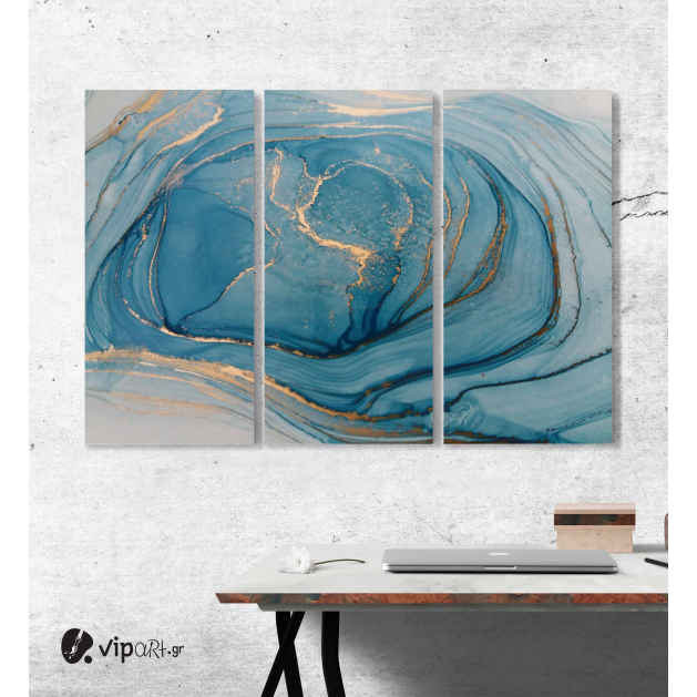 Μοντέρνος Τρίπτυχος Πίνακας Καμβάς Αφηρημένη τεχνική μελάνι αλκοόλ ζωγραφικής με Γαλάζιες - Λευκές - Χρυσές Αποχρώσεις