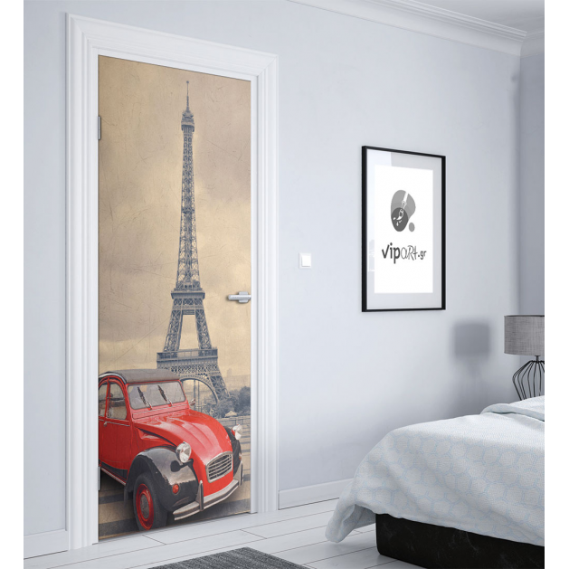 Αυτοκόλλητο Πόρτας με εκτύπωηση  "Παρίσι Κόκκινο Αμάξι"