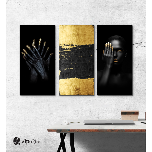 Σύνθεση με Πίνακες σε Καμβά Gold and Black beauty 3 τεμάχια 40x80
