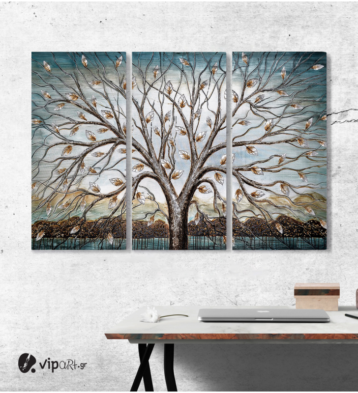 Μοντέρνος Τρίπτυχος Πίνακας Καμβάς ζωγραφικής σε Καμβά με δέντρο φύλλα