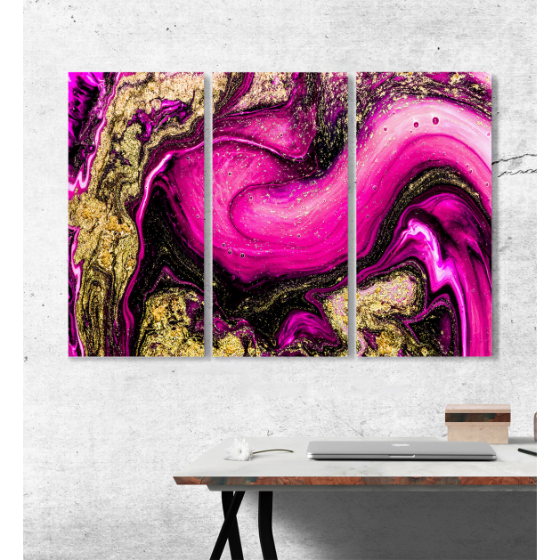 Μοντέρνος Τρίπτυχος Πίνακας Καμβάς Αφηρημένη τεχνική μελάνι αλκοόλ ζωγραφικής με Μαύρες - Ρόζ - Χρυσές Αποχρώσεις