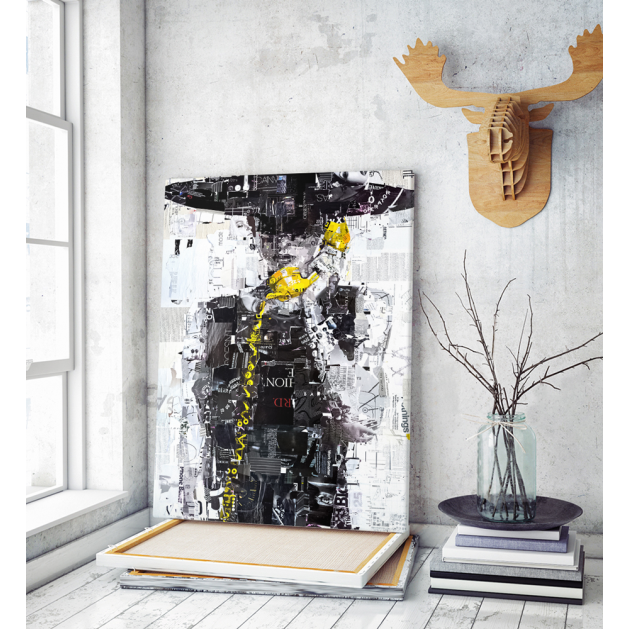 Πίνακας σε Καμβά : Black yellow painting with woman telephone