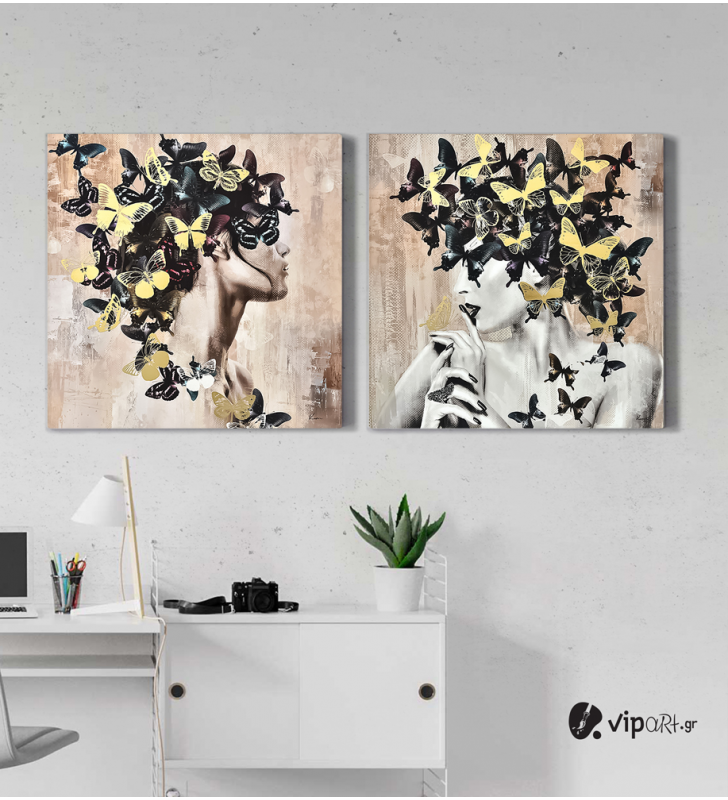 Σύνθεση Με Πίνακες Καμβάδες 60x60 - 2 Τεμάχια - women butterfly