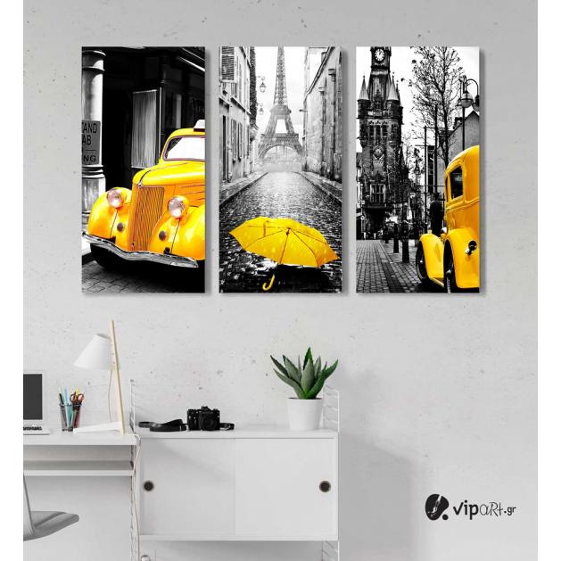 Σύνθεση με Πίνακες σε Καμβά Yellow and Black Paris car τεμάχια 40x80