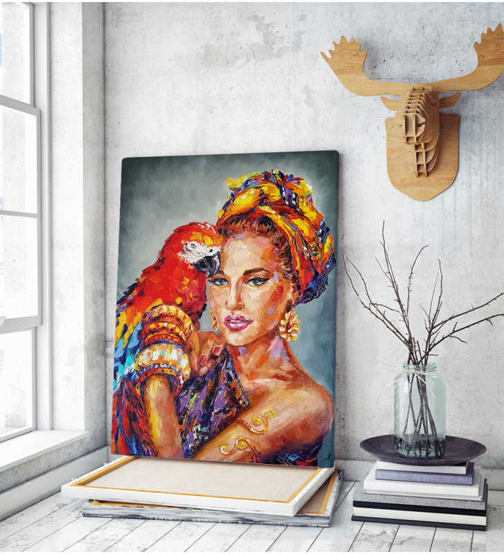 Πίνακας σε Καμβά : woman parrot portrait painting