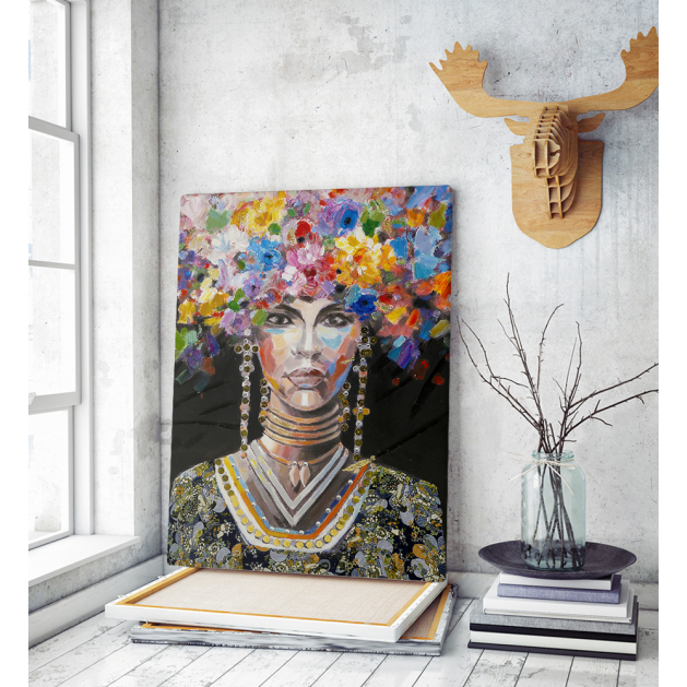 Πίνακας σε Καμβά : woman portrait painting with colorful hair flowers