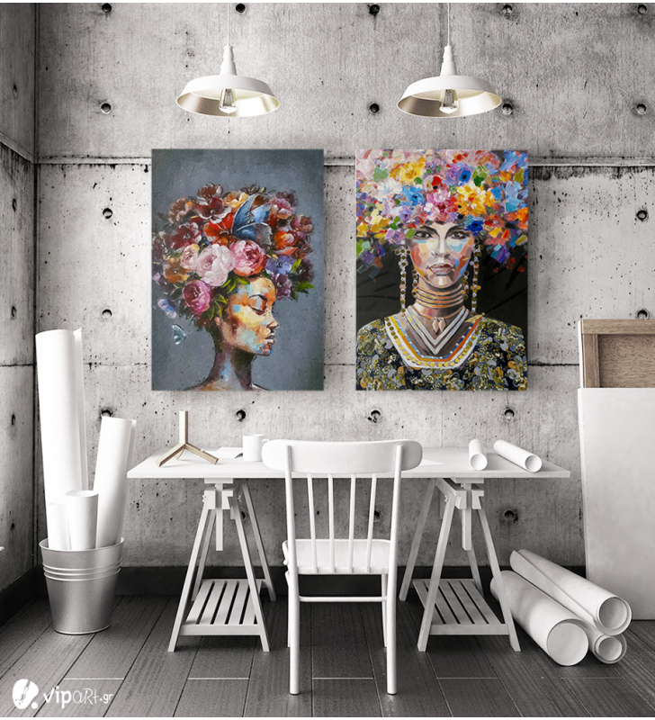 Σύνθεση με πίνακες Καμβάδες : Portrait Women colourful hair - 2 Τεμάχια 70x 50