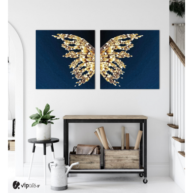 Σύνθεση Με Πίνακες Καμβάδες 60x60 - 2 Τεμάχια - blue and gold butterfly