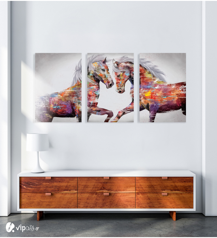 Σύνθεση Με Πίνακες Καμβάδες 70x50 - 3 Τεμάχια - colourful art horses