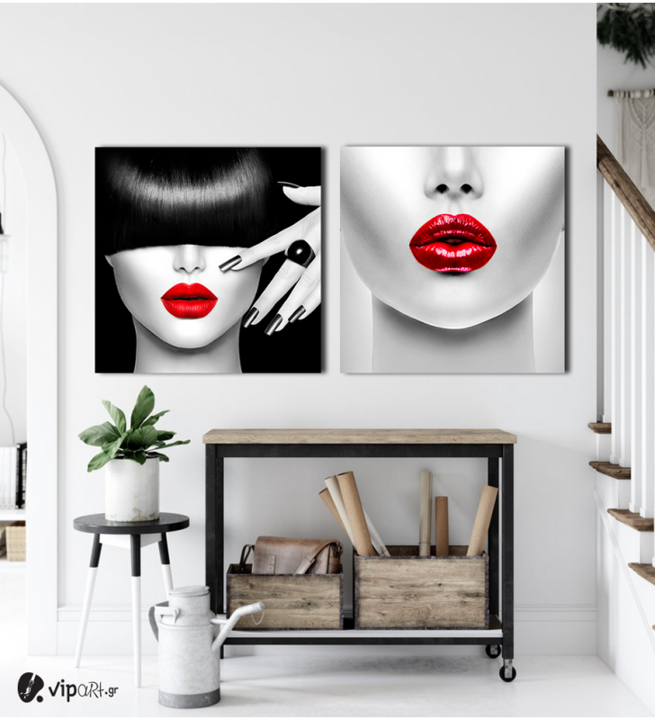 Σύνθεση Με Πίνακες Καμβάδες 60x60 - 2 Τεμάχια - Beauty Red Lips portrait