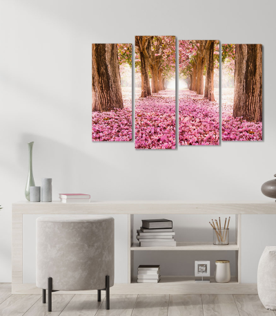 Πίνακας Καμβάς Τετράπτυχος Spring Pink Flowers - Ροζ λουλούδια άνοιξη