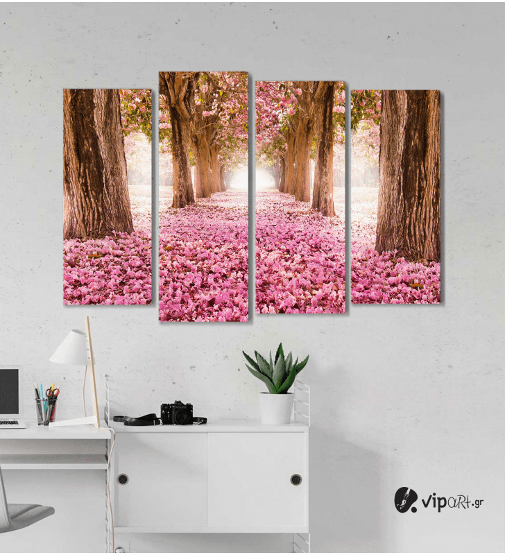Πίνακας Καμβάς Τετράπτυχος Spring Pink Flowers - Ροζ λουλούδια άνοιξη