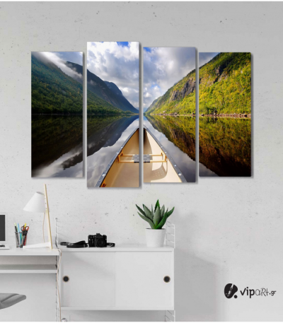 Πίνακας Καμβάς Τετράπτυχος Mountain Boat Mirror - Καθρέφτης βουνού