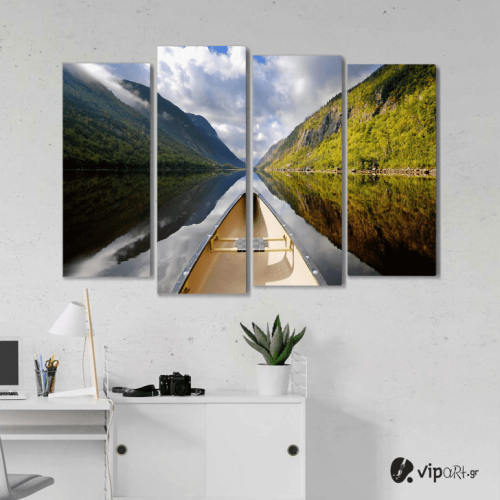Πίνακας Καμβάς Τετράπτυχος Mountain Boat Mirror - Καθρέφτης βουνού