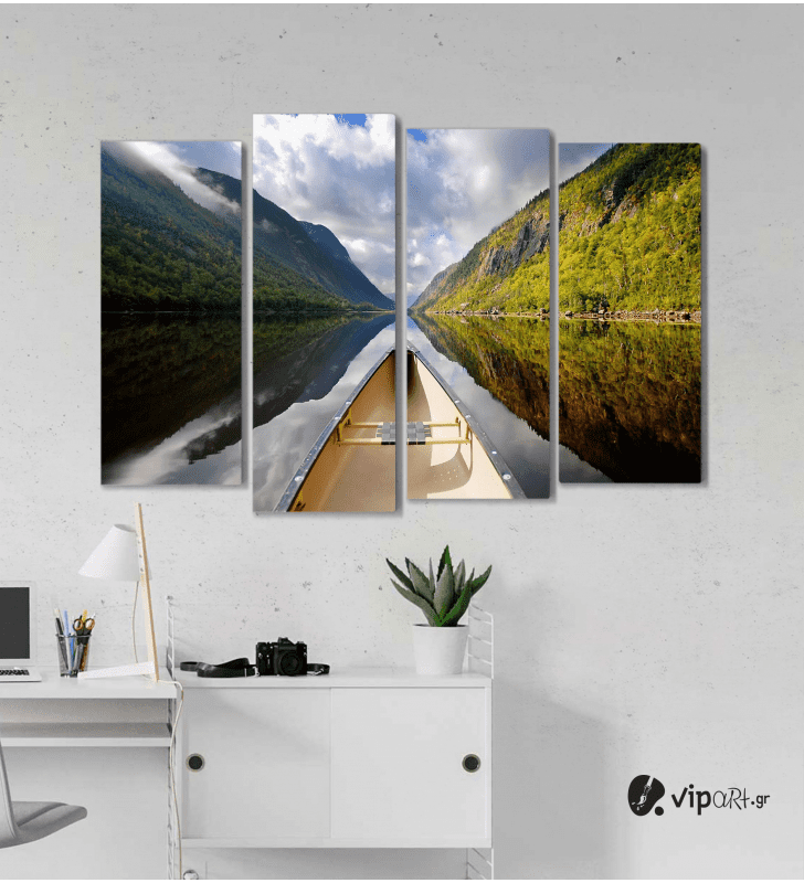 Πίνακας Καμβάς Τετράπτυχος Mountain Boat Mirror - Καθρέφτης βουνού