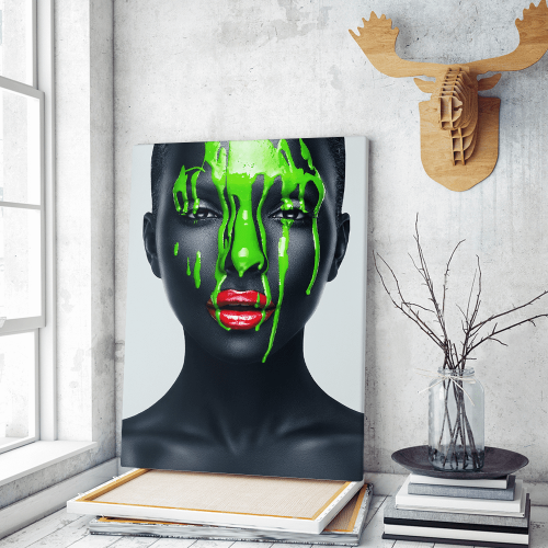 Πίνακας σε Καμβά woman green makeup art red lips
