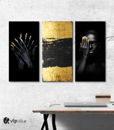 Σύνθεση με Πίνακες σε Καμβά Gold and Black beauty 3 τεμάχια 40x80