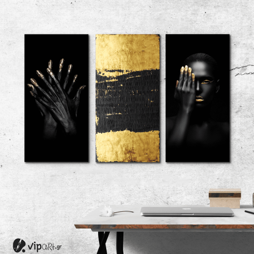 Σύνθεση με Πίνακες σε Καμβά Gold and Black beauty 3 τεμάχια 40x80