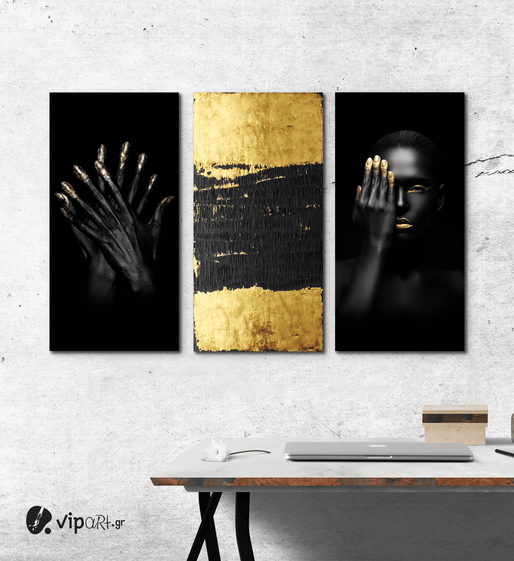 Σύνθεση με Πίνακες σε Καμβά Gold and Black beauty 3 τεμάχια 40x80 Σύνθεση με Πίνακες σε Καμβά Gold and Black beauty 3 τεμάχια 40x80