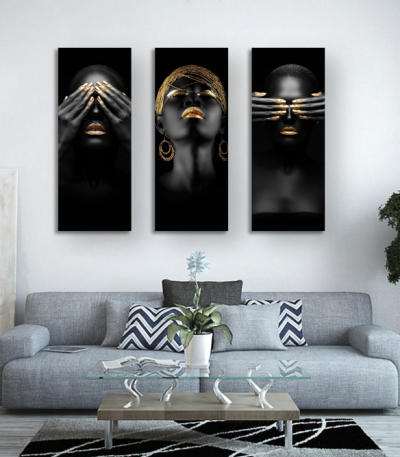 Σύνθεση με Πίνακες σε Καμβά Gold and Black beauty portraits 3 τεμάχια 40x100