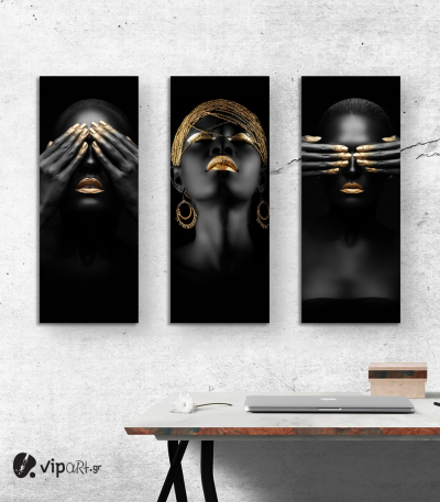 Σύνθεση με Πίνακες σε Καμβά Gold and Black beauty portraits 3 τεμάχια 40x100