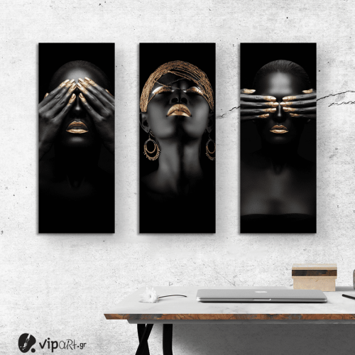 Σύνθεση με Πίνακες σε Καμβά Gold and Black beauty portraits 3 τεμάχια 40x100