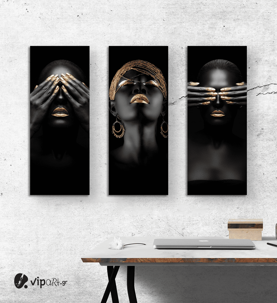 Σύνθεση με Πίνακες σε Καμβά Gold and Black beauty portraits 3 τεμάχια 40x100 Σύνθεση με Πίνακες σε Καμβά Gold and Black beauty portraits 3 τεμάχια 40x100
