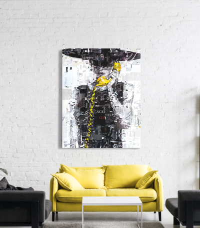 Πίνακας σε Καμβά : Black yellow painting with woman telephone