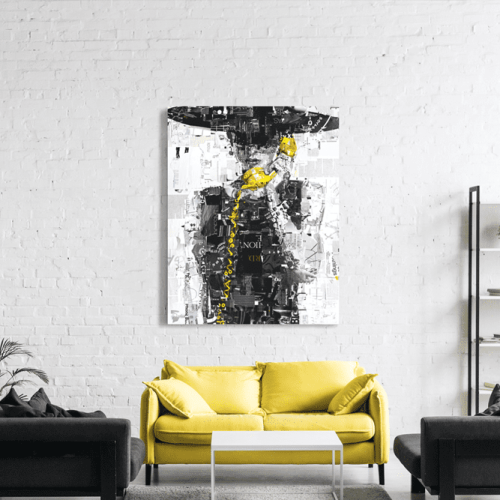 Πίνακας σε Καμβά : Black yellow painting with woman telephone