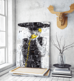Πίνακας σε Καμβά : Black yellow painting with woman telephone