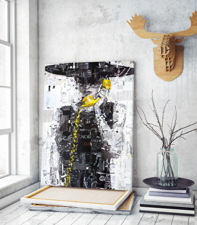 Πίνακας σε Καμβά : Black yellow painting with woman telephone