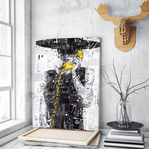 Πίνακας σε Καμβά : Black yellow painting with woman telephone
