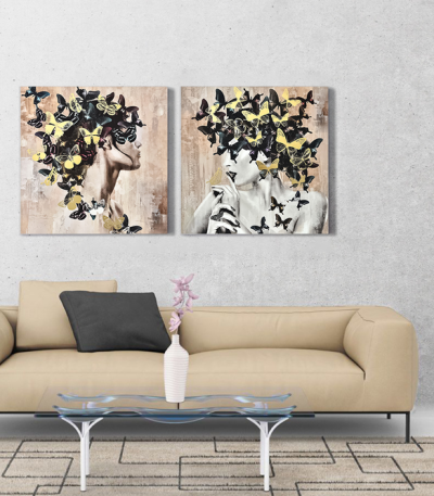 Σύνθεση Με Πίνακες Καμβάδες 60x60 - 2 Τεμάχια - women butterfly