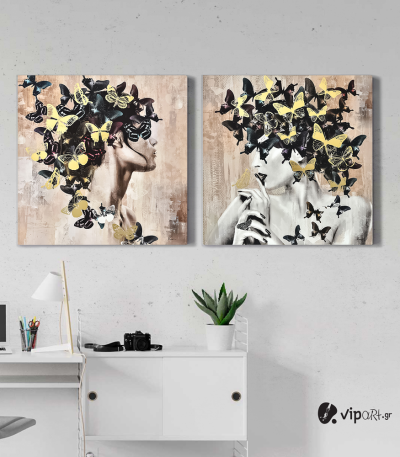 Σύνθεση Με Πίνακες Καμβάδες 60x60 - 2 Τεμάχια - women butterfly