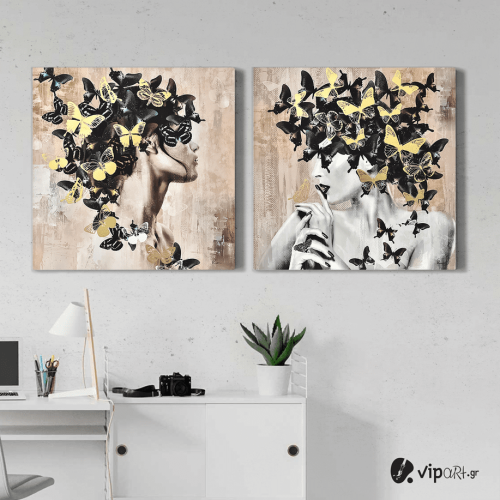 Σύνθεση Με Πίνακες Καμβάδες 60x60 - 2 Τεμάχια - women butterfly