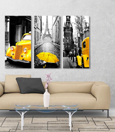 Σύνθεση με Πίνακες σε Καμβά Yellow and Black Paris car τεμάχια 40x80