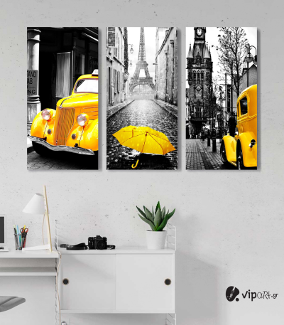 Σύνθεση με Πίνακες σε Καμβά Yellow and Black Paris car τεμάχια 40x80
