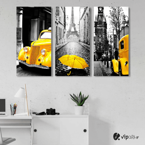 Σύνθεση με Πίνακες σε Καμβά Yellow and Black Paris car τεμάχια 40x80