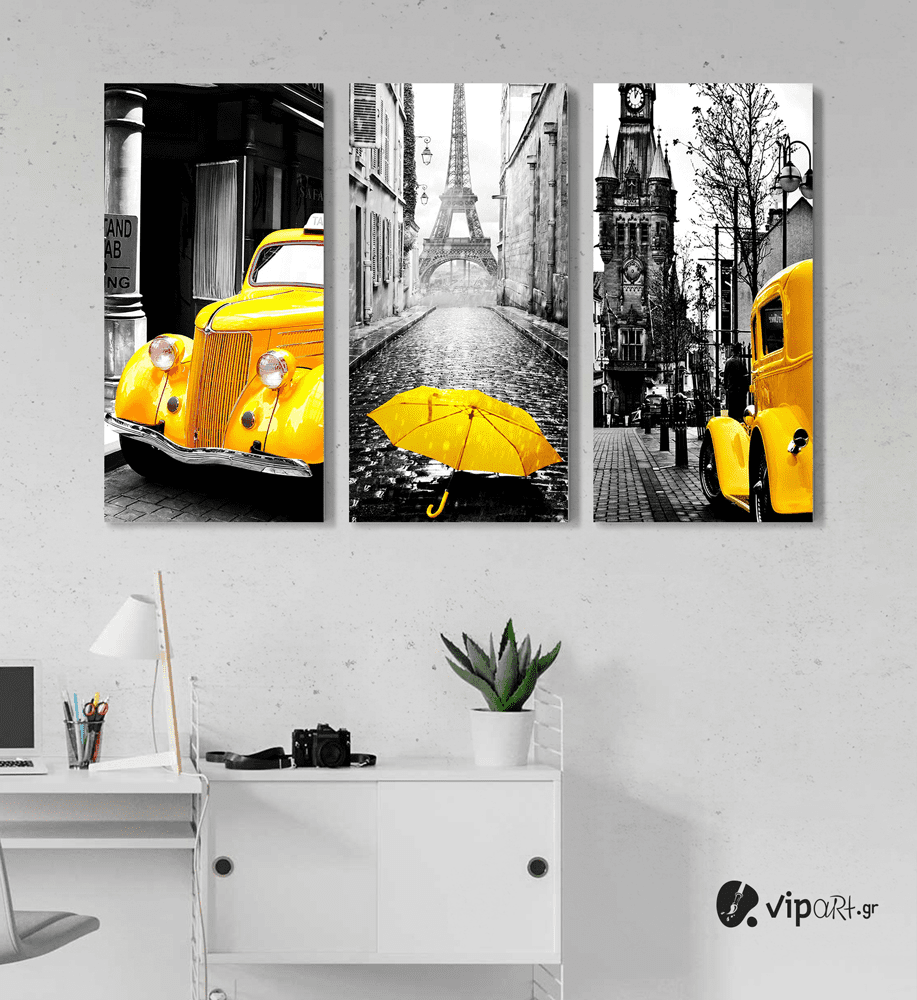Σύνθεση με Πίνακες σε Καμβά Yellow and Black Paris car τεμάχια 40x80 Σύνθεση με Πίνακες σε Καμβά Yellow and Black Paris car τεμάχια 40x80