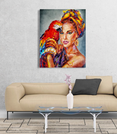 Πίνακας σε Καμβά : woman parrot portrait painting