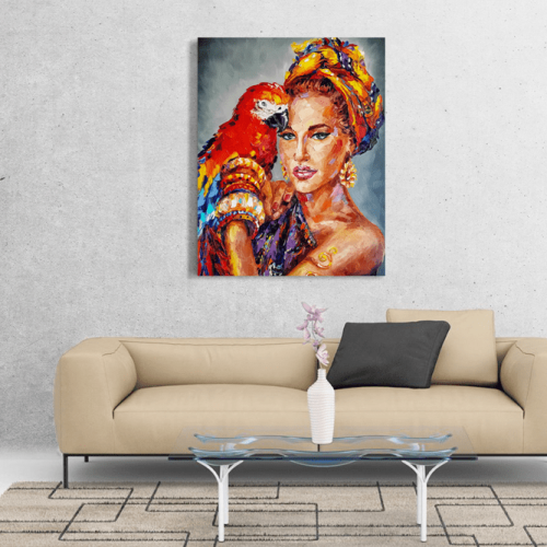 Πίνακας σε Καμβά : woman parrot portrait painting