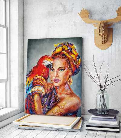 Πίνακας σε Καμβά : woman parrot portrait painting