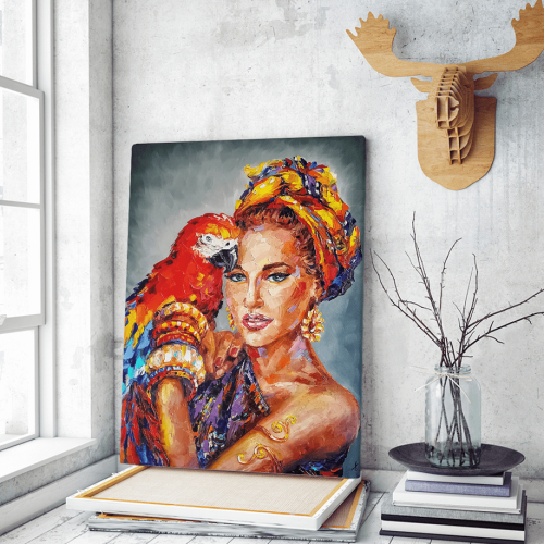 Πίνακας σε Καμβά : woman parrot portrait painting