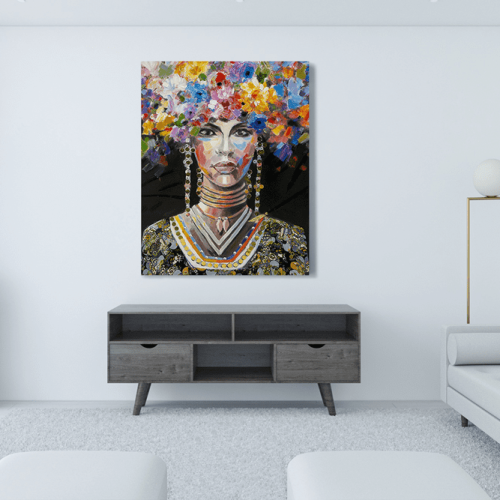 Πίνακας σε Καμβά : woman portrait painting with colorful hair flowers