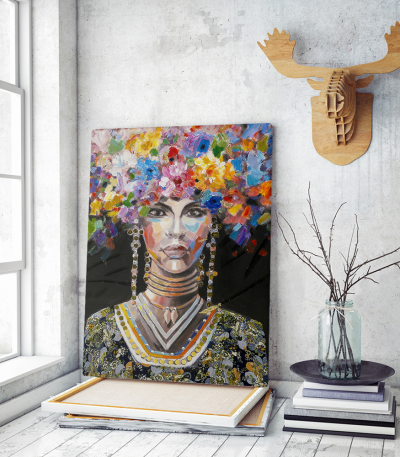 Πίνακας σε Καμβά : woman portrait painting with colorful hair flowers
