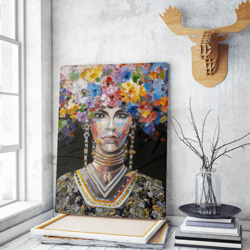 Πίνακας σε Καμβά : woman portrait painting with colorful hair flowers