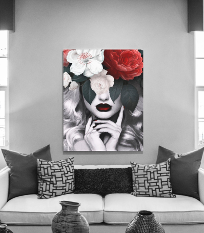 Πίνακας σε Καμβά : Minimal creative with woman and flowers