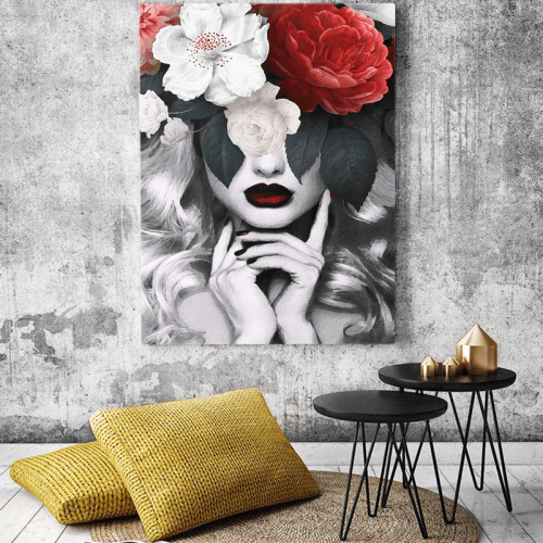 Πίνακας σε Καμβά : Minimal creative with woman and flowers
