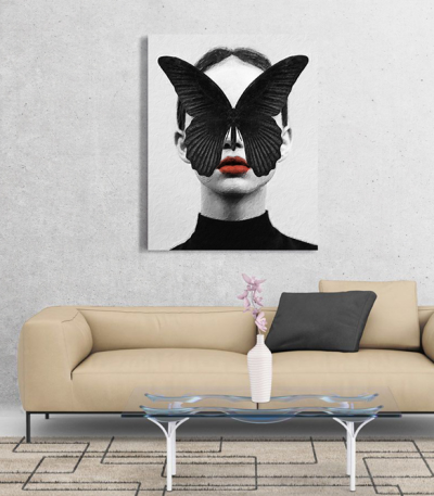 Πίνακας σε Καμβά : woman butterfly red lips